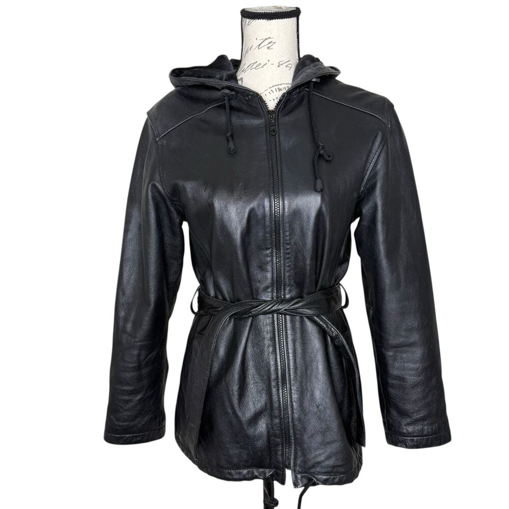 Wilsons Vintage Leather Black Hooded Belted Quilted Lined Zip Up Jacket Small